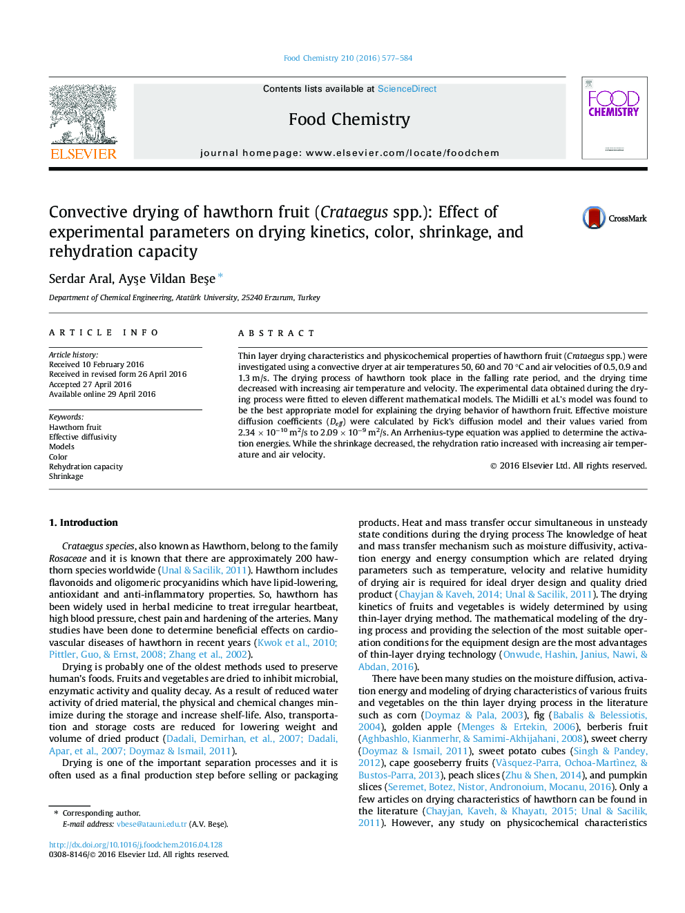 Convective drying of hawthorn fruit (Crataegus spp.): Effect of experimental parameters on drying kinetics, color, shrinkage, and rehydration capacity