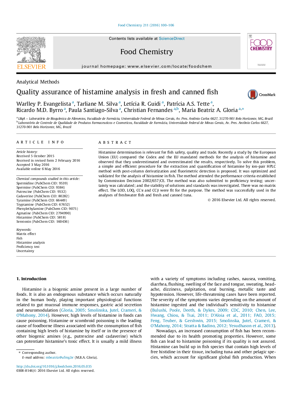 Quality assurance of histamine analysis in fresh and canned fish