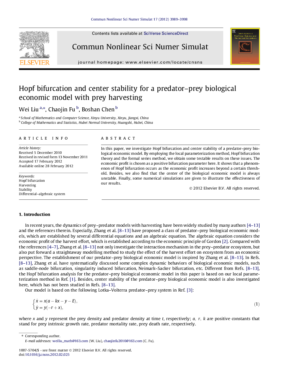 Hopf bifurcation and center stability for a predator–prey biological economic model with prey harvesting