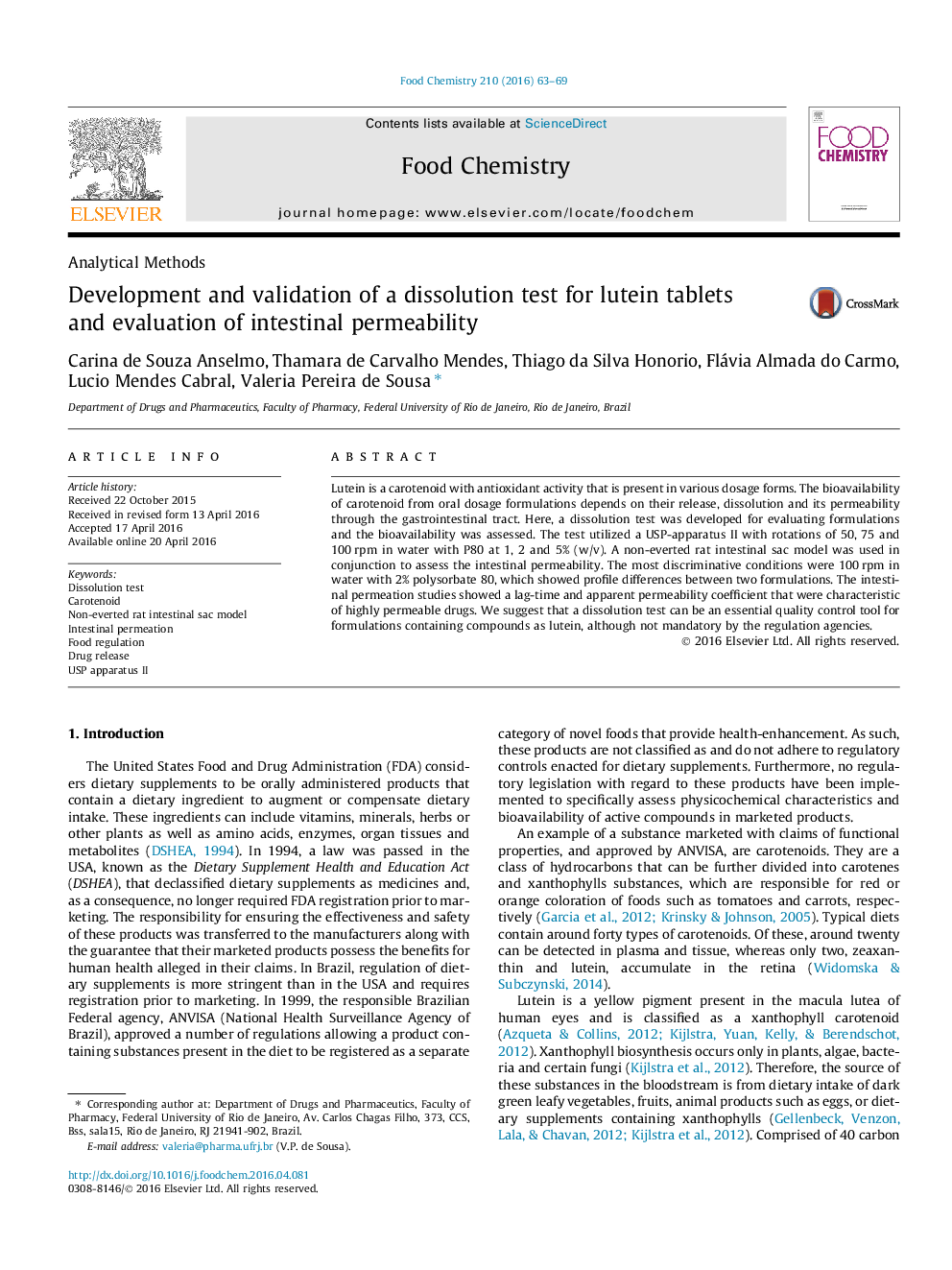 Development and validation of a dissolution test for lutein tablets and evaluation of intestinal permeability