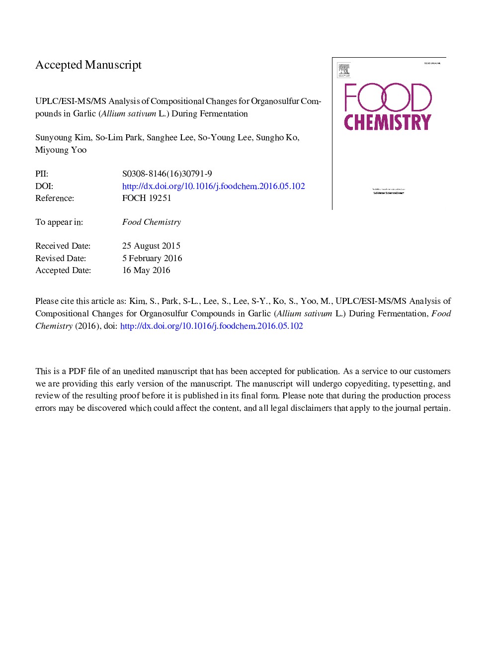 UPLC/ESI-MS/MS analysis of compositional changes for organosulfur compounds in garlic (Allium sativum L.) during fermentation