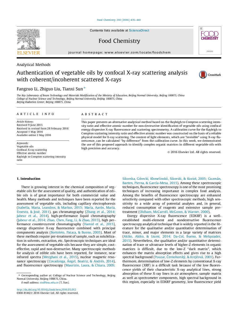 Authentication of vegetable oils by confocal X-ray scattering analysis with coherent/incoherent scattered X-rays