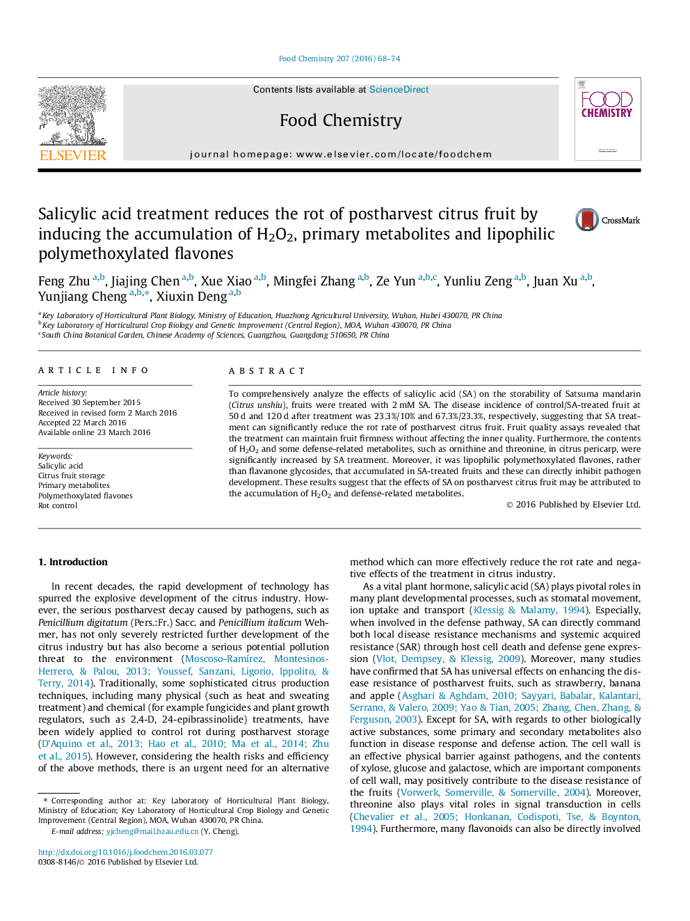 Salicylic acid treatment reduces the rot of postharvest citrus fruit by inducing the accumulation of H2O2, primary metabolites and lipophilic polymethoxylated flavones