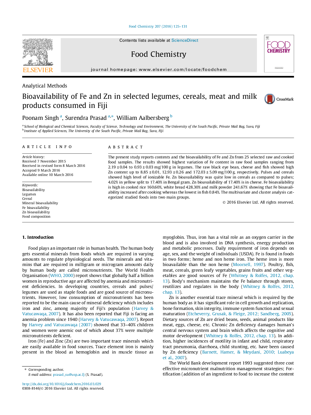 Bioavailability of Fe and Zn in selected legumes, cereals, meat and milk products consumed in Fiji