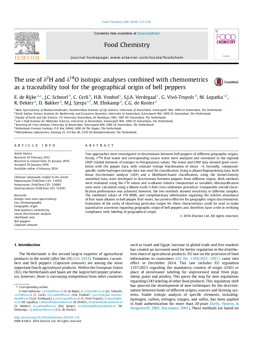 The use of Î´2H and Î´18O isotopic analyses combined with chemometrics as a traceability tool for the geographical origin of bell peppers