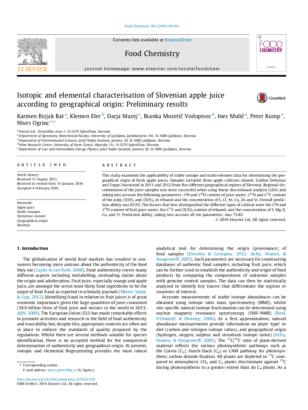 Isotopic and elemental characterisation of Slovenian apple juice according to geographical origin: Preliminary results