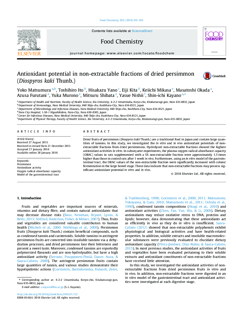 Antioxidant potential in non-extractable fractions of dried persimmon (Diospyros kaki Thunb.)