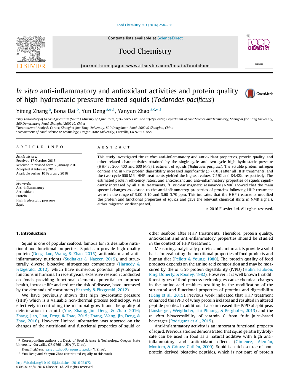 In vitro anti-inflammatory and antioxidant activities and protein quality of high hydrostatic pressure treated squids (Todarodes pacificus)