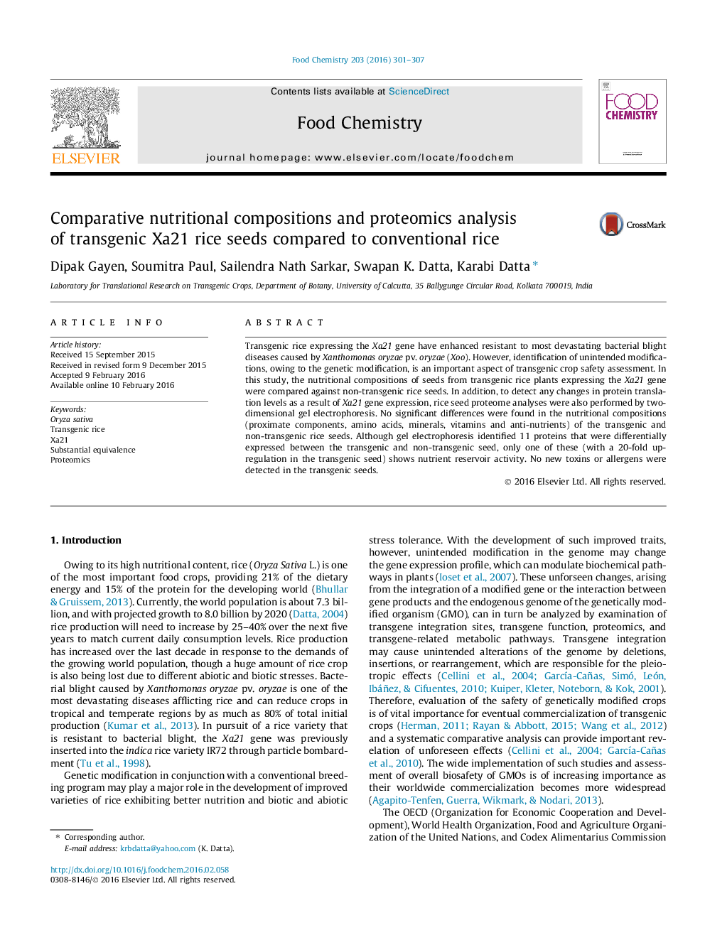 عکس صفحه اول مقاله: Comparative nutritional compositions and proteomics analysis of transgenic Xa21 rice seeds compared to conventional rice Comparative nutritional compositions and proteomics analysis of transgenic Xa21 rice seeds compared to conventional rice