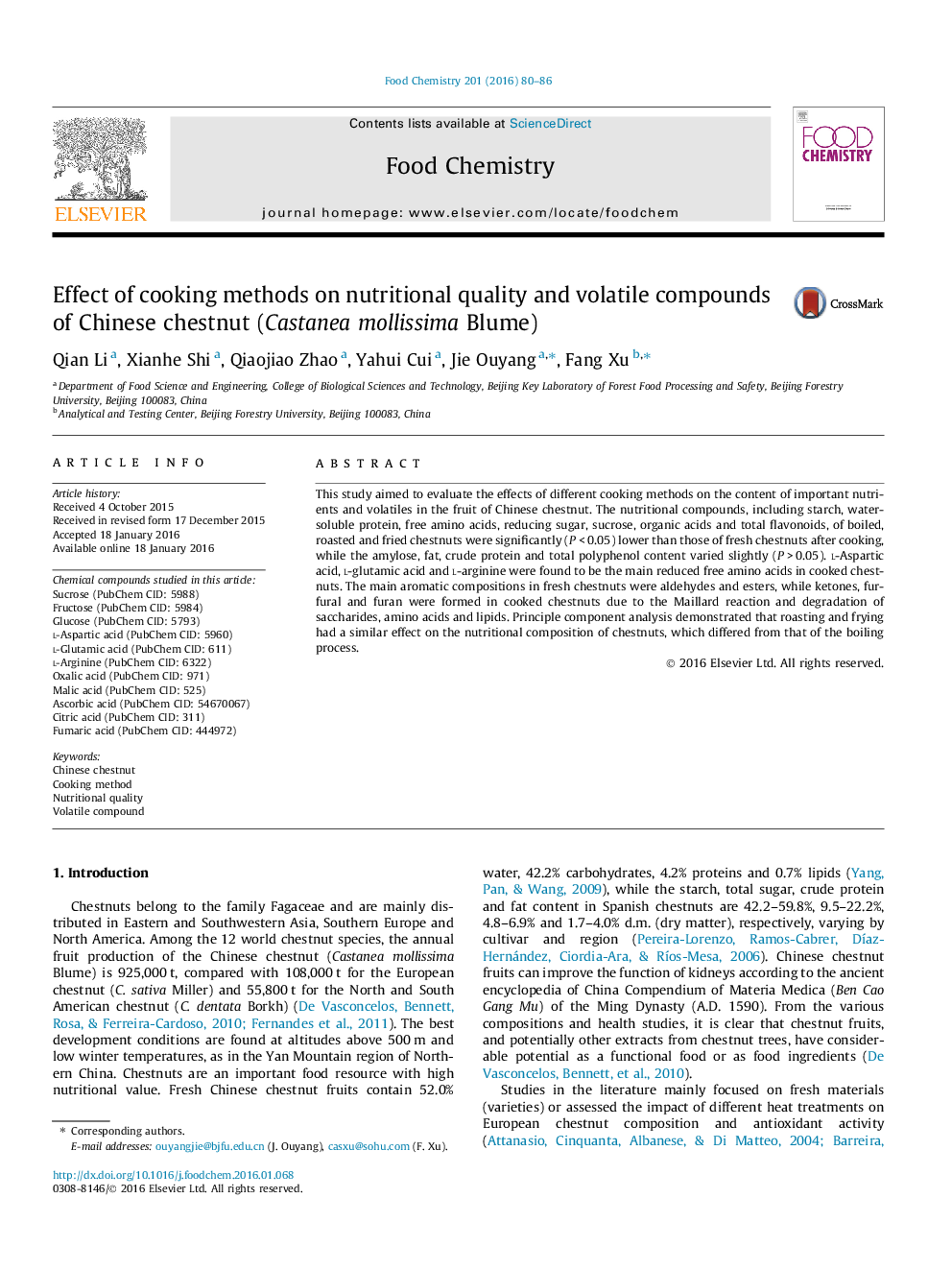 Effect of cooking methods on nutritional quality and volatile compounds of Chinese chestnut (Castanea mollissima Blume)