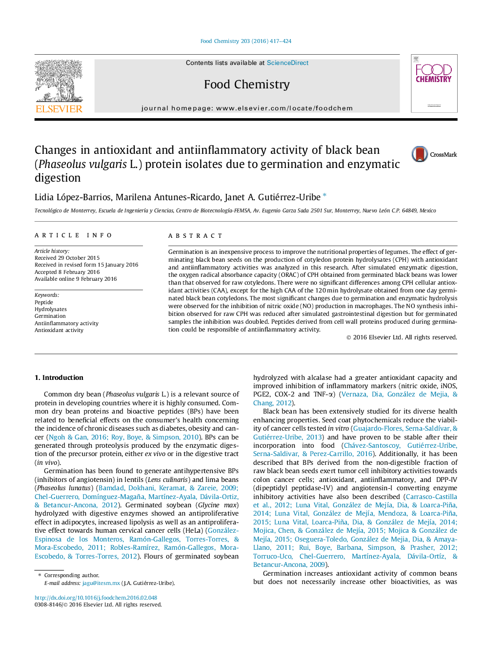 عکس صفحه اول مقاله: Changes in antioxidant and antiinflammatory activity of black bean (Phaseolus vulgaris L.) protein isolates due to germination and enzymatic digestion Changes in antioxidant and antiinflammatory activity of black bean (Phaseolus vulgaris L.) protein isolates due to germination and enzymatic digestion