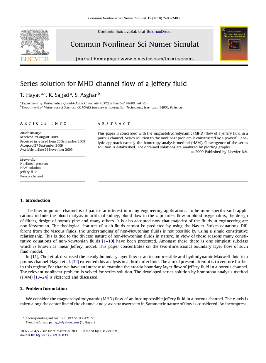 Series solution for MHD channel flow of a Jeffery fluid