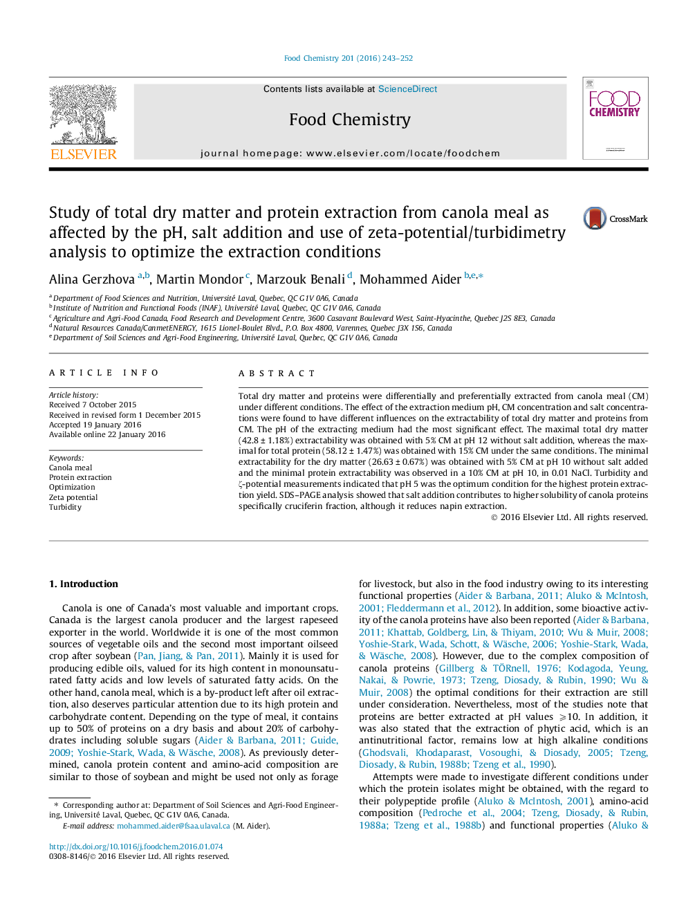 Study of total dry matter and protein extraction from canola meal as affected by the pH, salt addition and use of zeta-potential/turbidimetry analysis to optimize the extraction conditions