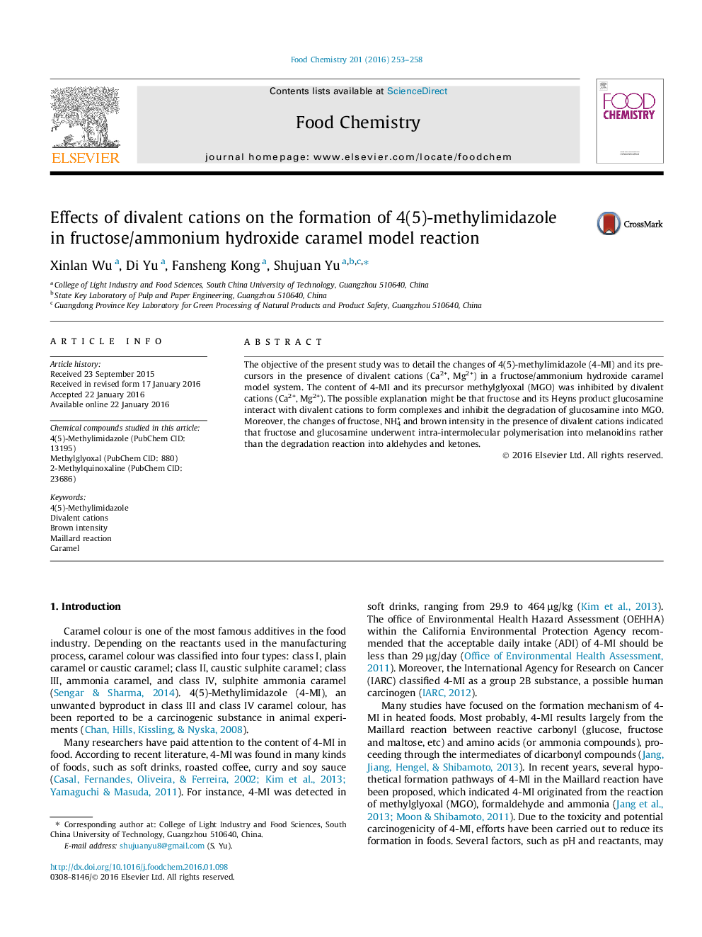 Effects of divalent cations on the formation of 4(5)-methylimidazole in fructose/ammonium hydroxide caramel model reaction