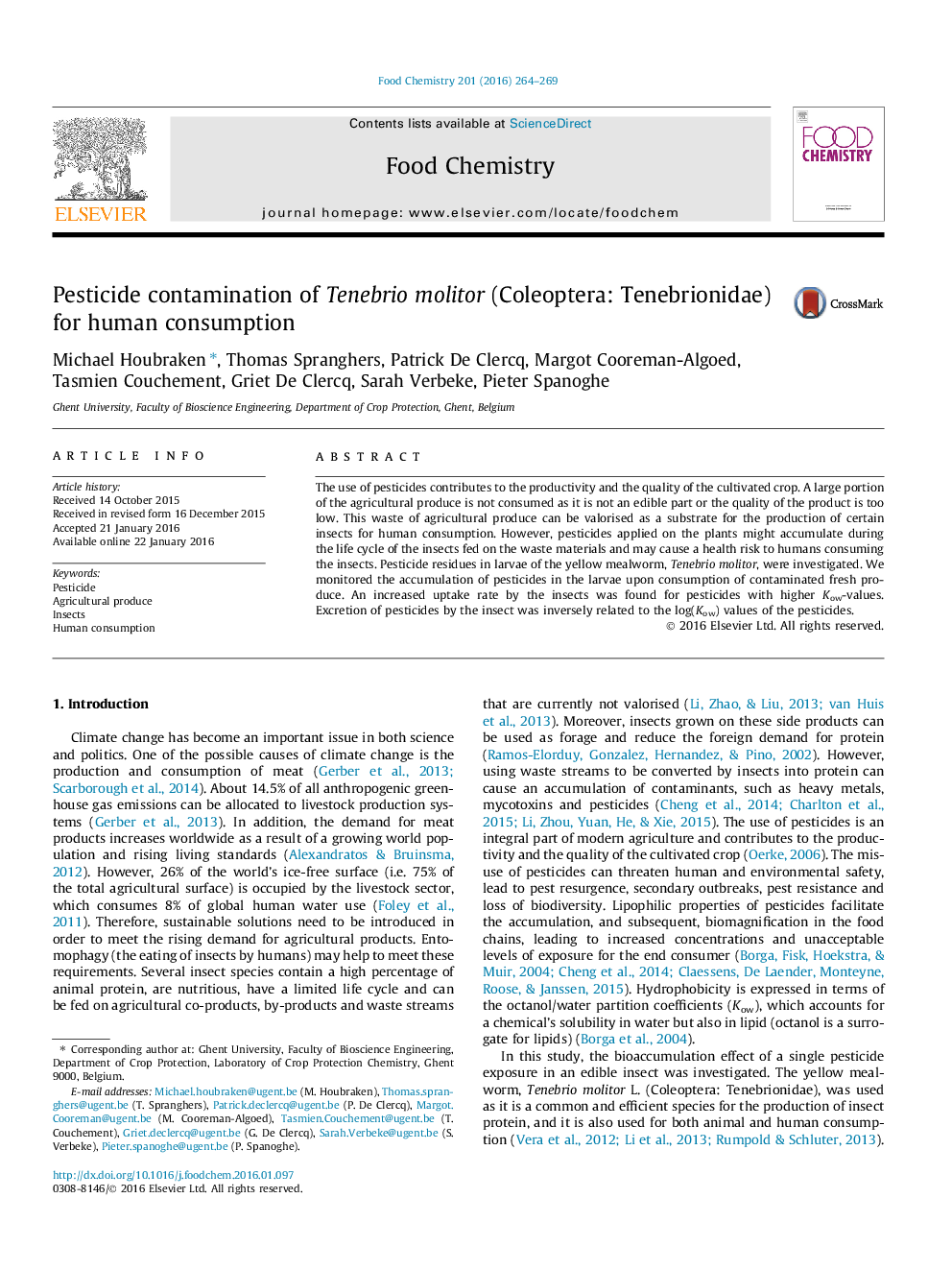 Pesticide contamination of Tenebrio molitor (Coleoptera: Tenebrionidae) for human consumption