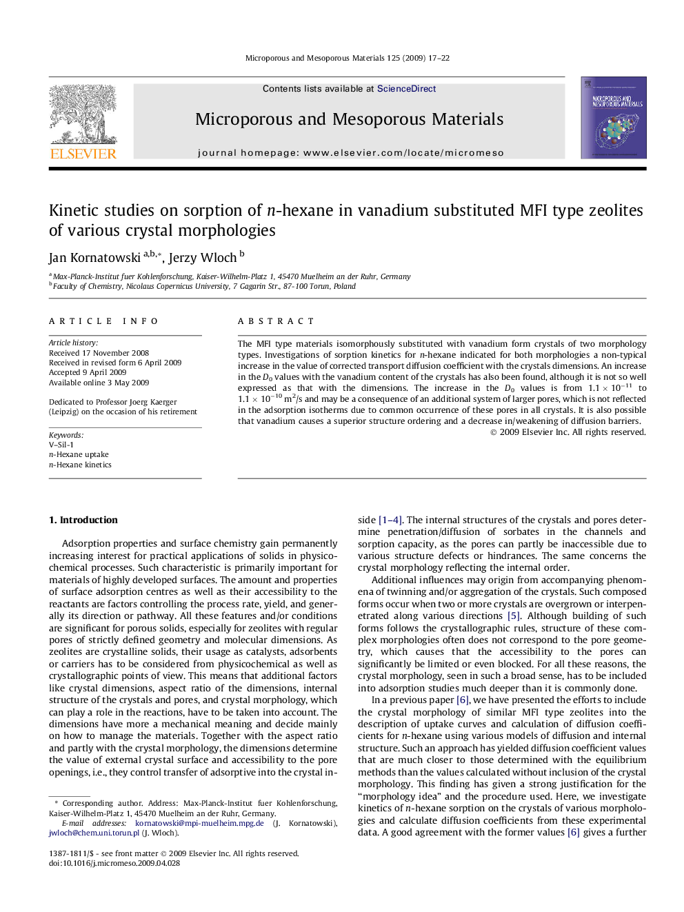 Kinetic studies on sorption of n-hexane in vanadium substituted MFI type zeolites of various crystal morphologies