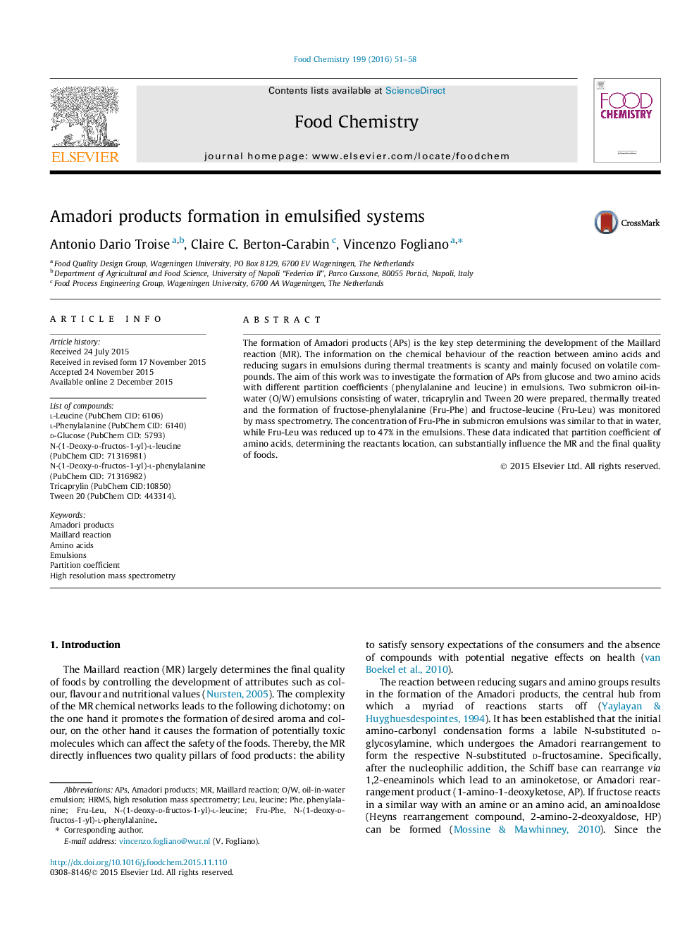 Amadori products formation in emulsified systems