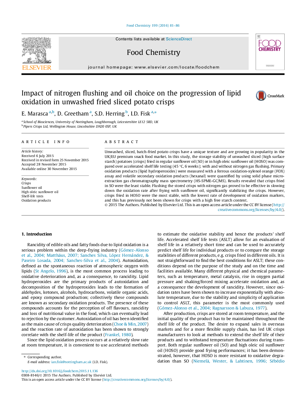 Impact of nitrogen flushing and oil choice on the progression of lipid oxidation in unwashed fried sliced potato crisps