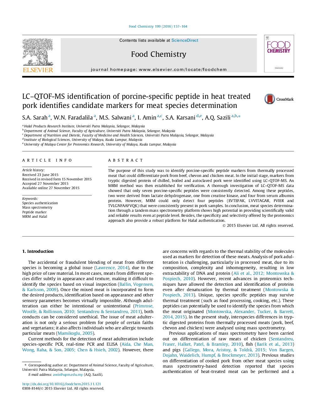 LC-QTOF-MS identification of porcine-specific peptide in heat treated pork identifies candidate markers for meat species determination