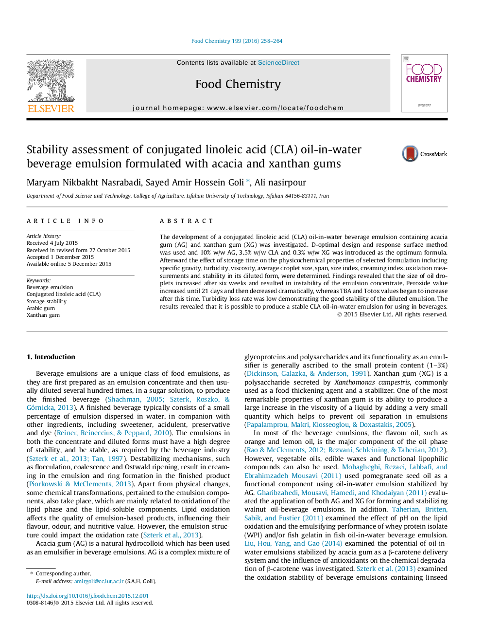 Stability assessment of conjugated linoleic acid (CLA) oil-in-water beverage emulsion formulated with acacia and xanthan gums