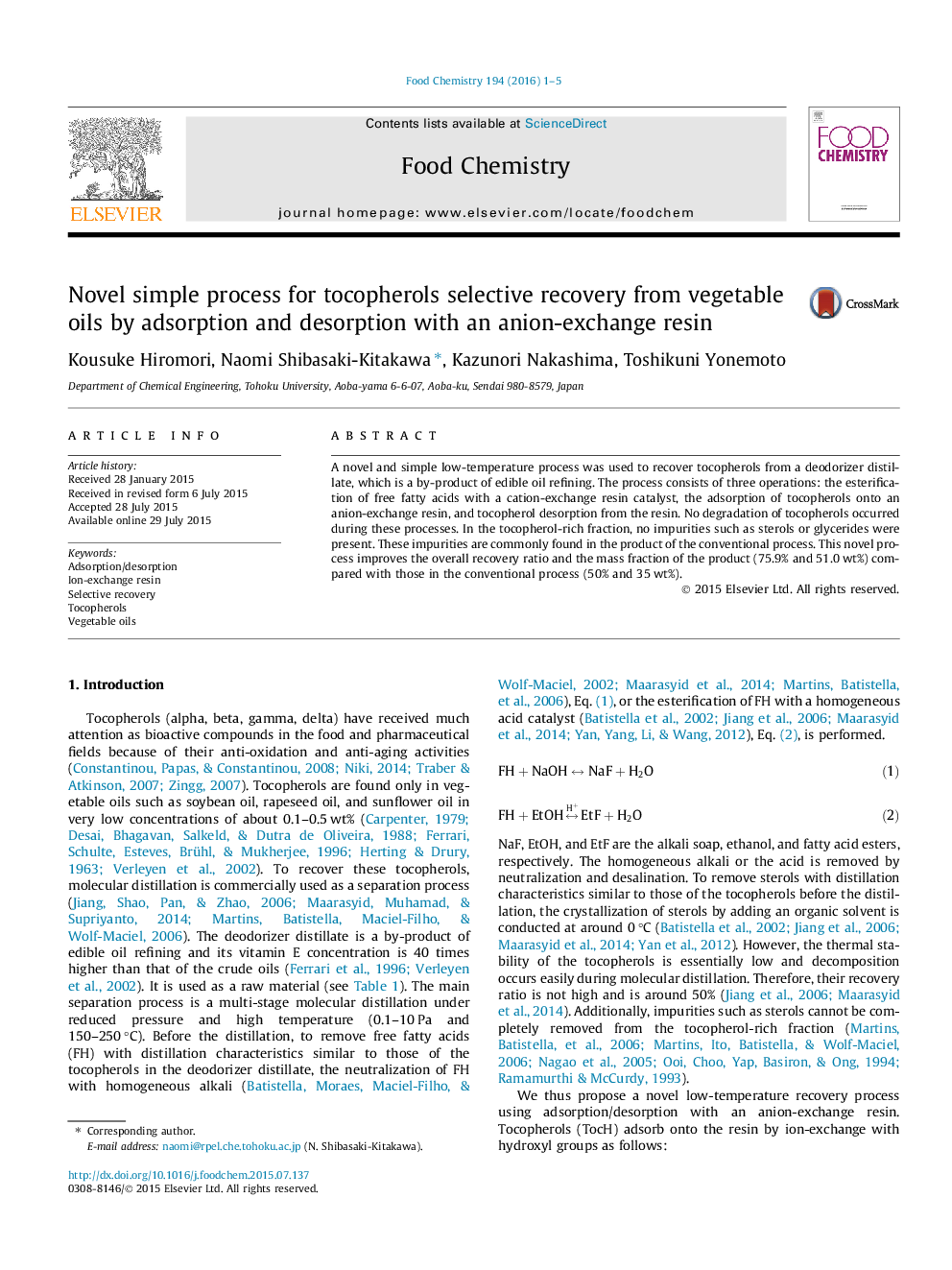 Novel simple process for tocopherols selective recovery from vegetable oils by adsorption and desorption with an anion-exchange resin