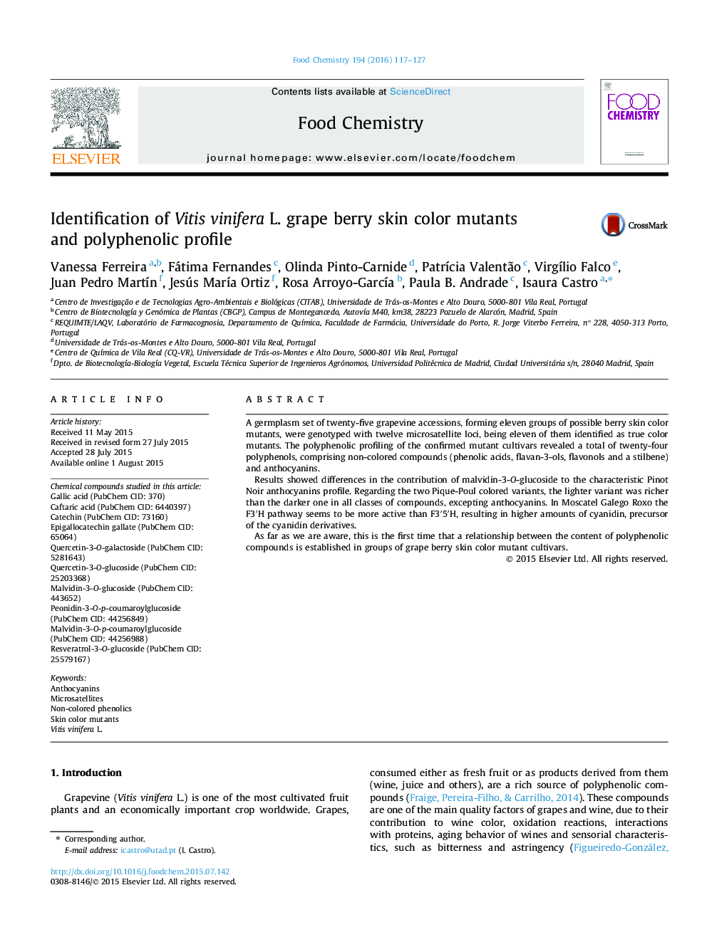 Identification of Vitis vinifera L. grape berry skin color mutants and polyphenolic profile