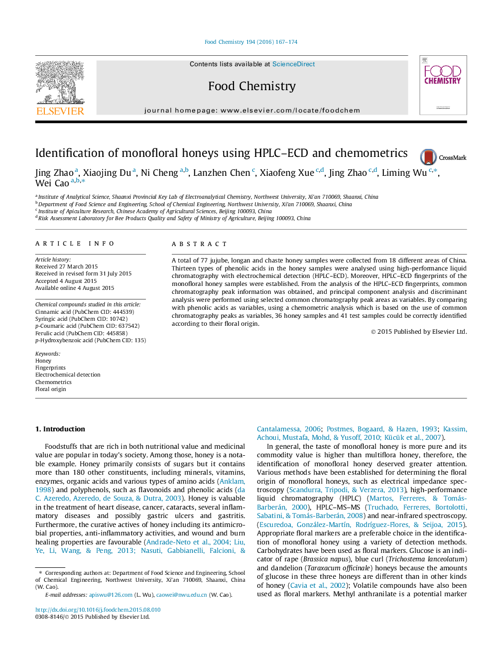 Identification of monofloral honeys using HPLC-ECD and chemometrics