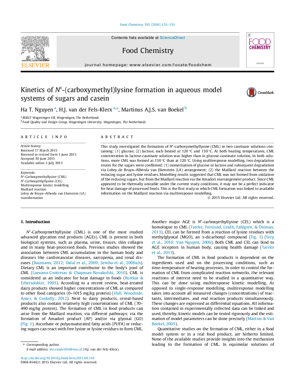 Kinetics of NÎµ-(carboxymethyl)lysine formation in aqueous model systems of sugars and casein