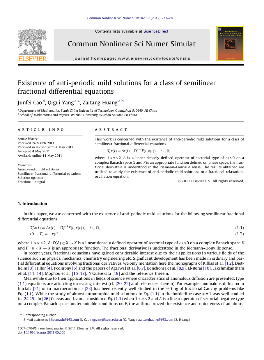 Existence of anti-periodic mild solutions for a class of semilinear fractional differential equations