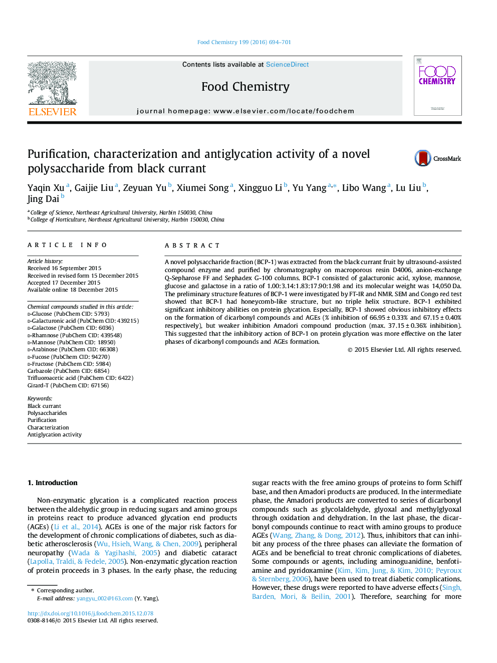 Purification, characterization and antiglycation activity of a novel polysaccharide from black currant