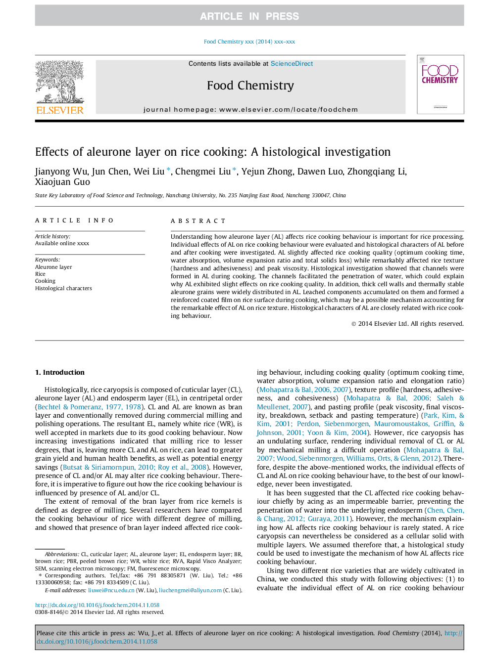 Effects of aleurone layer on rice cooking: A histological investigation