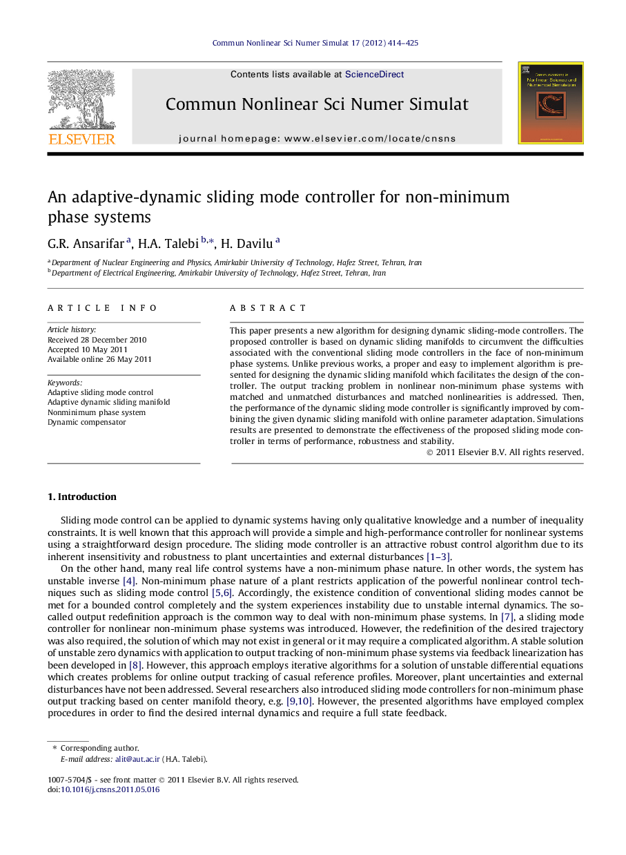 An adaptive-dynamic sliding mode controller for non-minimum phase systems