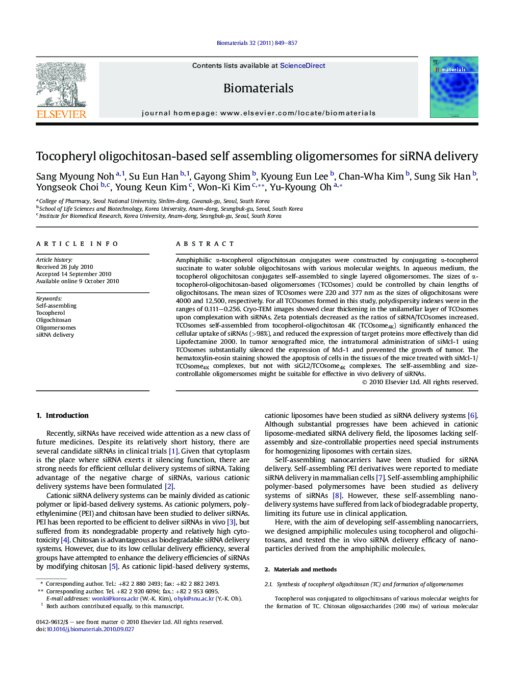 Tocopheryl oligochitosan-based self assembling oligomersomes for siRNA delivery