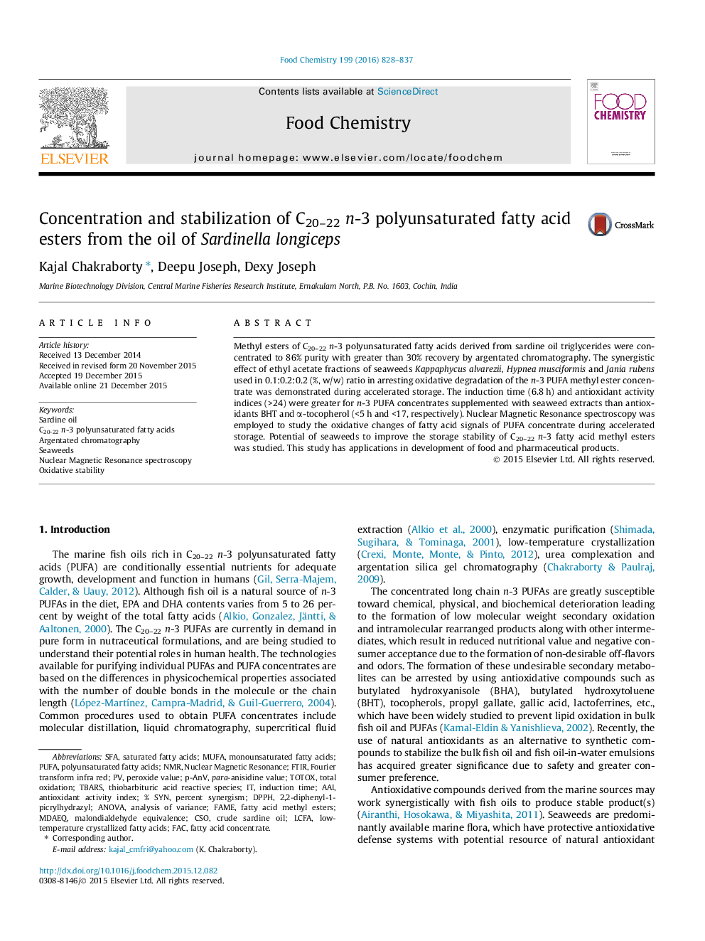 Concentration and stabilization of C20-22n-3 polyunsaturated fatty acid esters from the oil of Sardinella longiceps