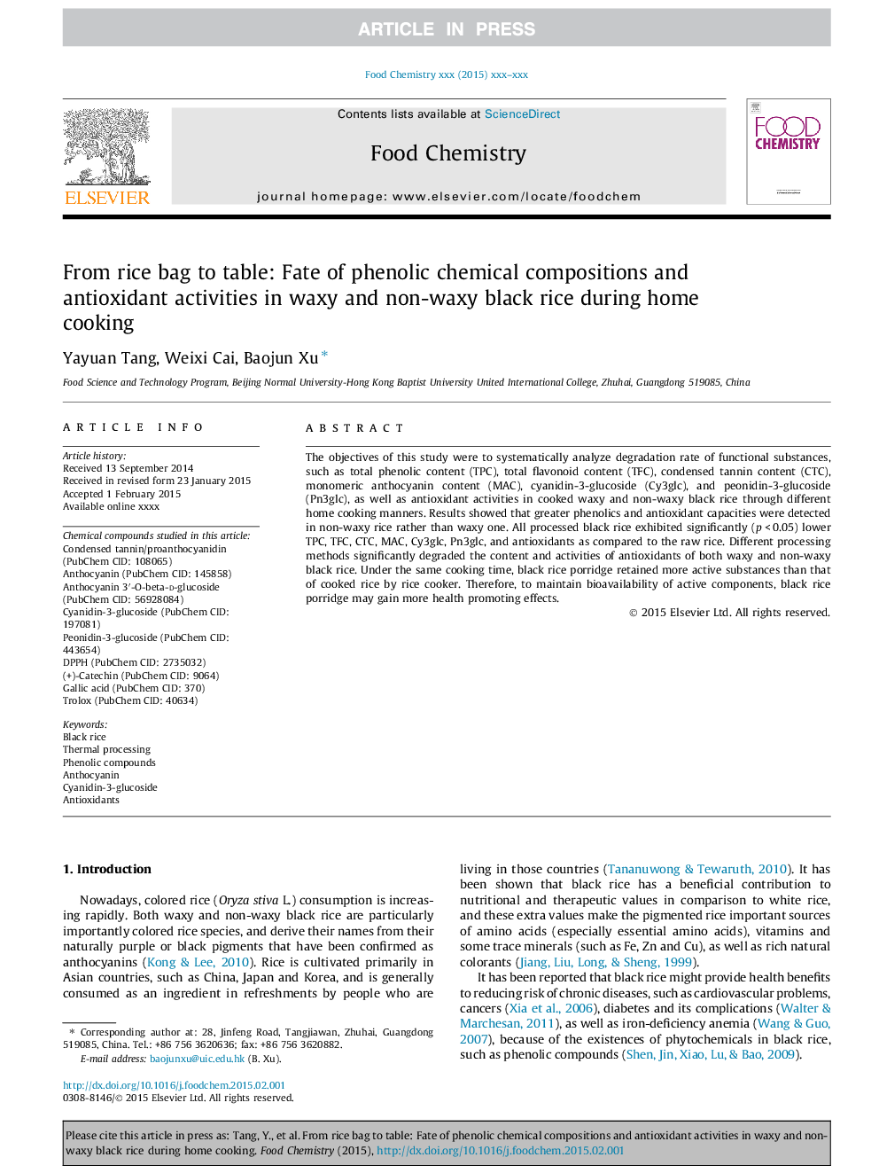 From rice bag to table: Fate of phenolic chemical compositions and antioxidant activities in waxy and non-waxy black rice during home cooking