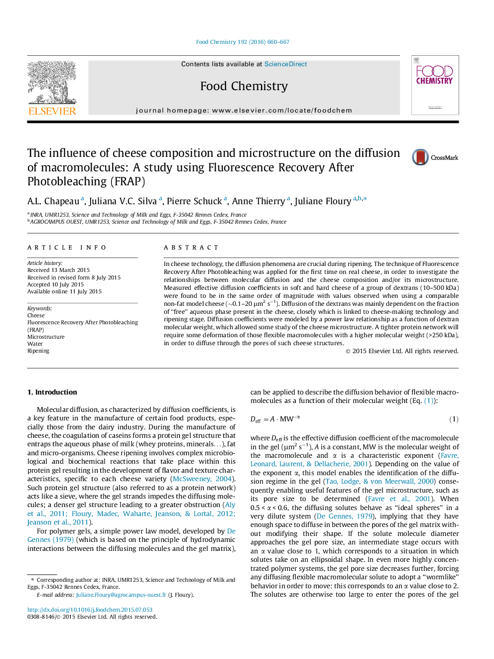 عکس صفحه اول مقاله: The influence of cheese composition and microstructure on the diffusion of macromolecules: A study using Fluorescence Recovery After Photobleaching (FRAP) The influence of cheese composition and microstructure on the diffusion of macromolecules: A study using Fluorescence Recovery After Photobleaching (FRAP)
