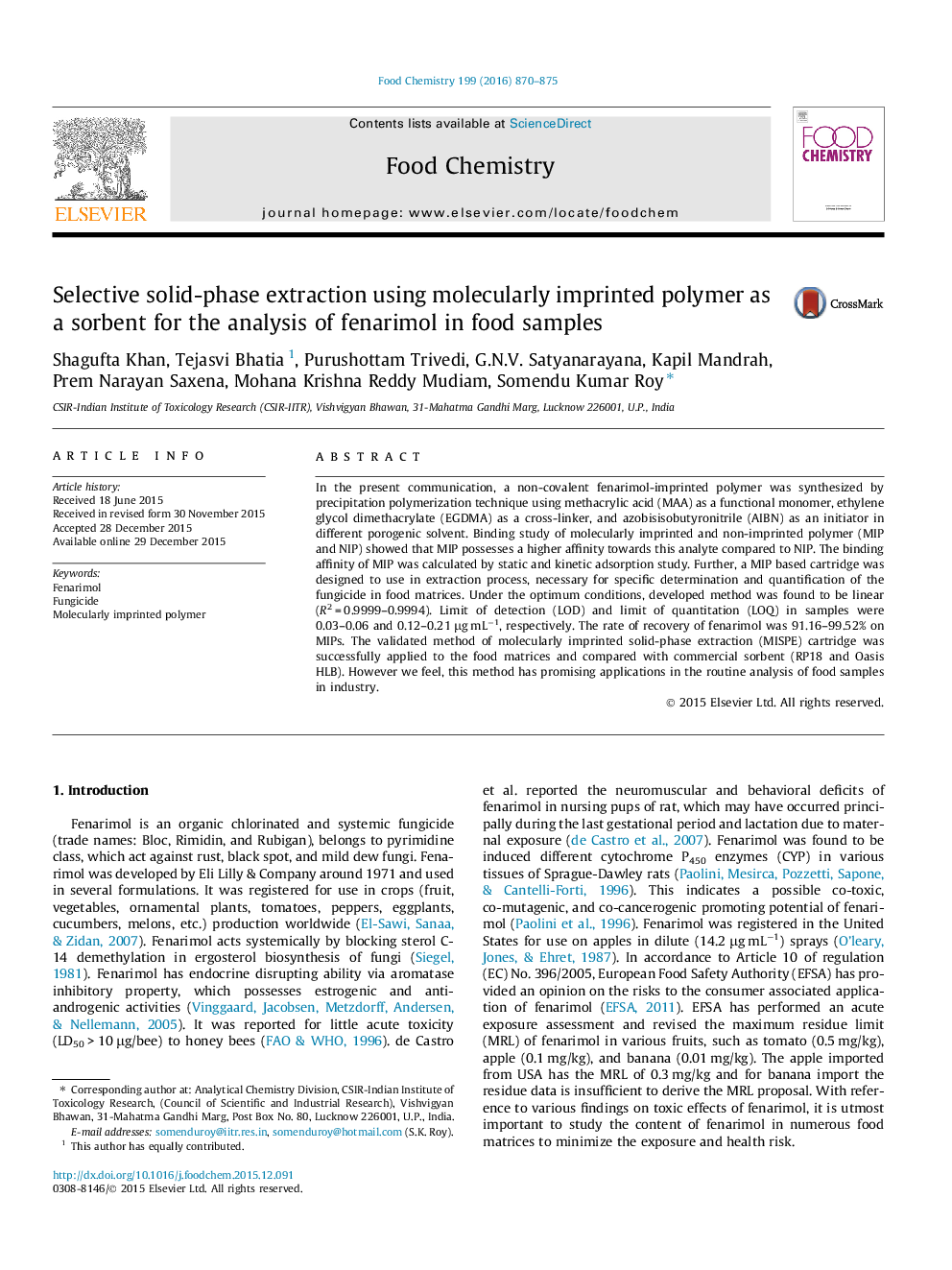 Selective solid-phase extraction using molecularly imprinted polymer as a sorbent for the analysis of fenarimol in food samples