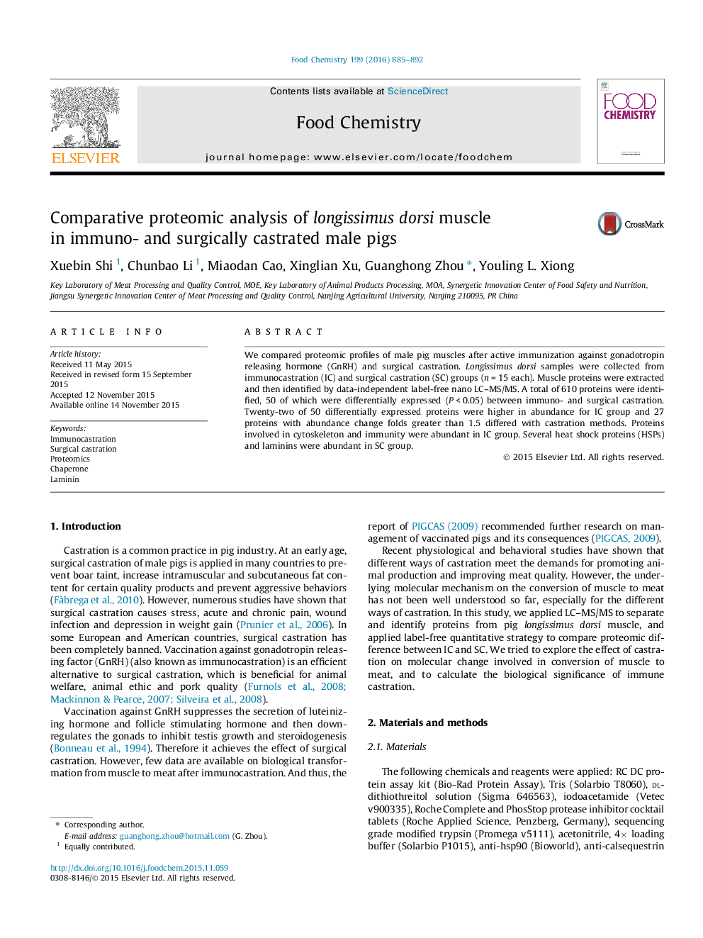 Comparative proteomic analysis of longissimus dorsi muscle in immuno- and surgically castrated male pigs