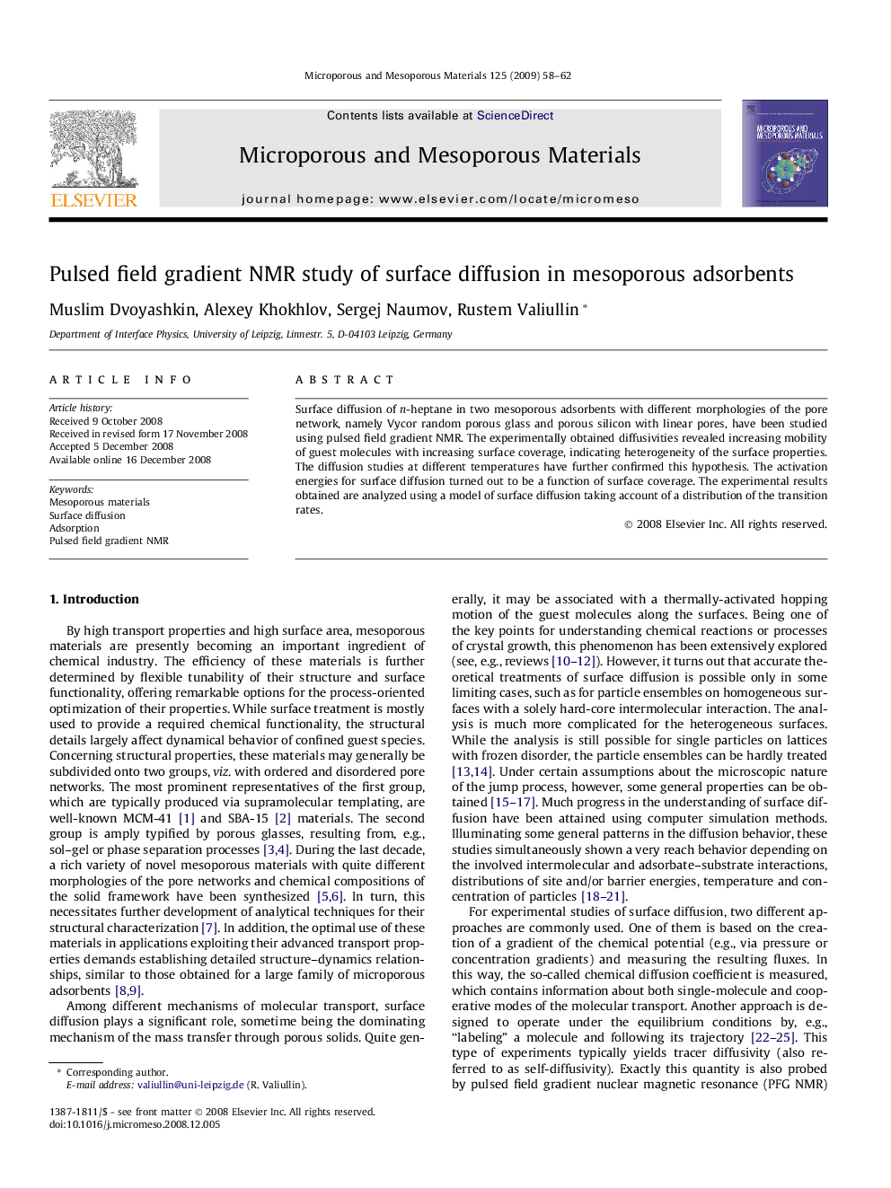 Pulsed field gradient NMR study of surface diffusion in mesoporous adsorbents