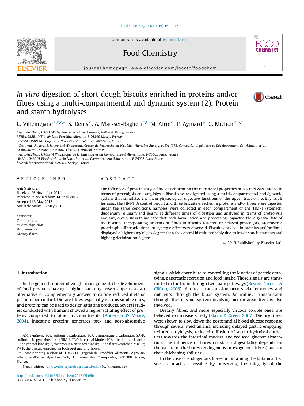 In vitro digestion of short-dough biscuits enriched in proteins and/or fibres using a multi-compartmental and dynamic system (2): Protein and starch hydrolyses