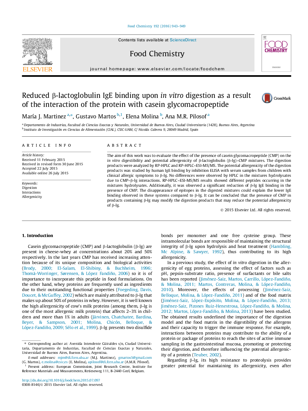 Reduced Î²-lactoglobulin IgE binding upon in vitro digestion as a result of the interaction of the protein with casein glycomacropeptide