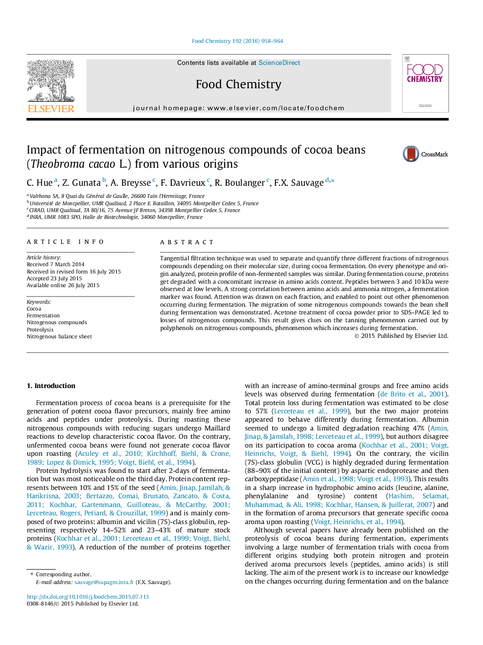 Impact of fermentation on nitrogenous compounds of cocoa beans (Theobroma cacao L.) from various origins