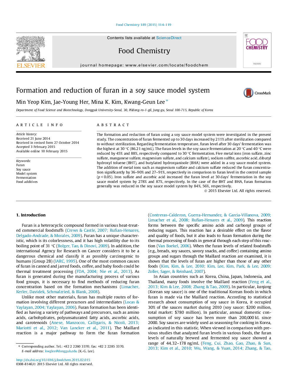 Formation and reduction of furan in a soy sauce model system