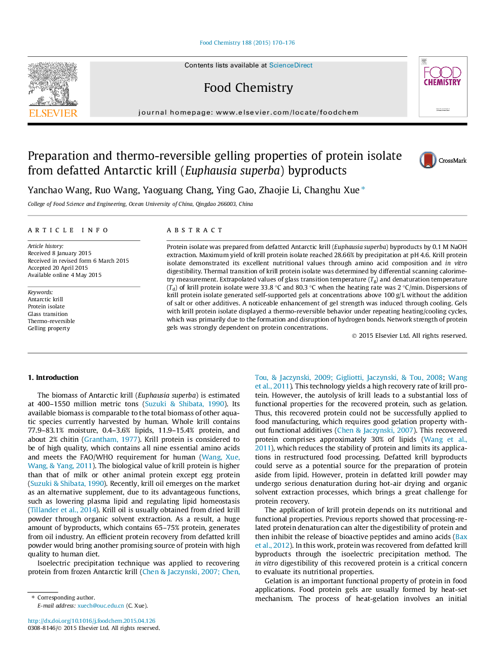 Preparation and thermo-reversible gelling properties of protein isolate from defatted Antarctic krill (Euphausia superba) byproducts