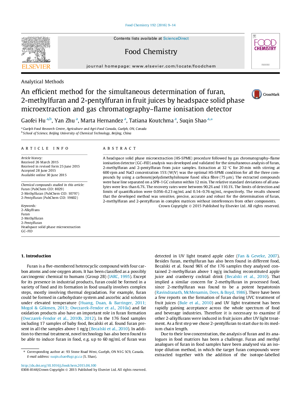 An efficient method for the simultaneous determination of furan, 2-methylfuran and 2-pentylfuran in fruit juices by headspace solid phase microextraction and gas chromatography-flame ionisation detector