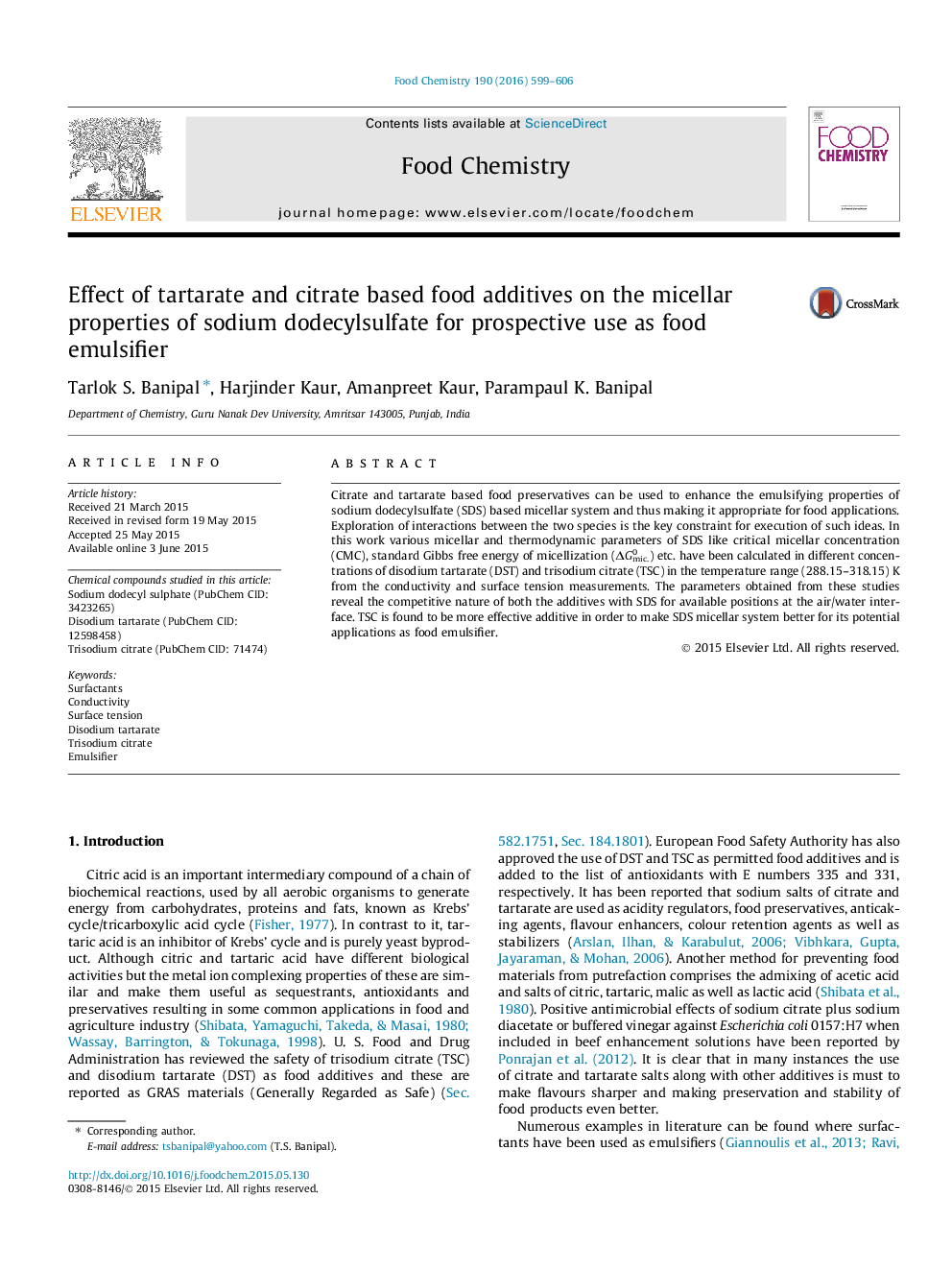 Effect of tartarate and citrate based food additives on the micellar properties of sodium dodecylsulfate for prospective use as food emulsifier