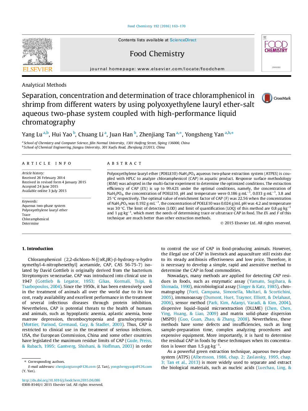 Separation, concentration and determination of trace chloramphenicol in shrimp from different waters by using polyoxyethylene lauryl ether-salt aqueous two-phase system coupled with high-performance liquid chromatography