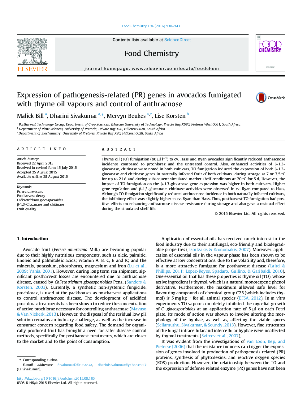 Expression of pathogenesis-related (PR) genes in avocados fumigated with thyme oil vapours and control of anthracnose