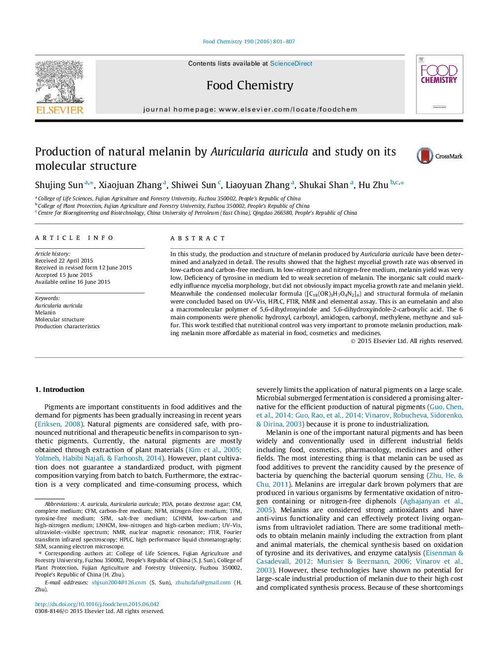 Production of natural melanin by Auricularia auricula and study on its molecular structure