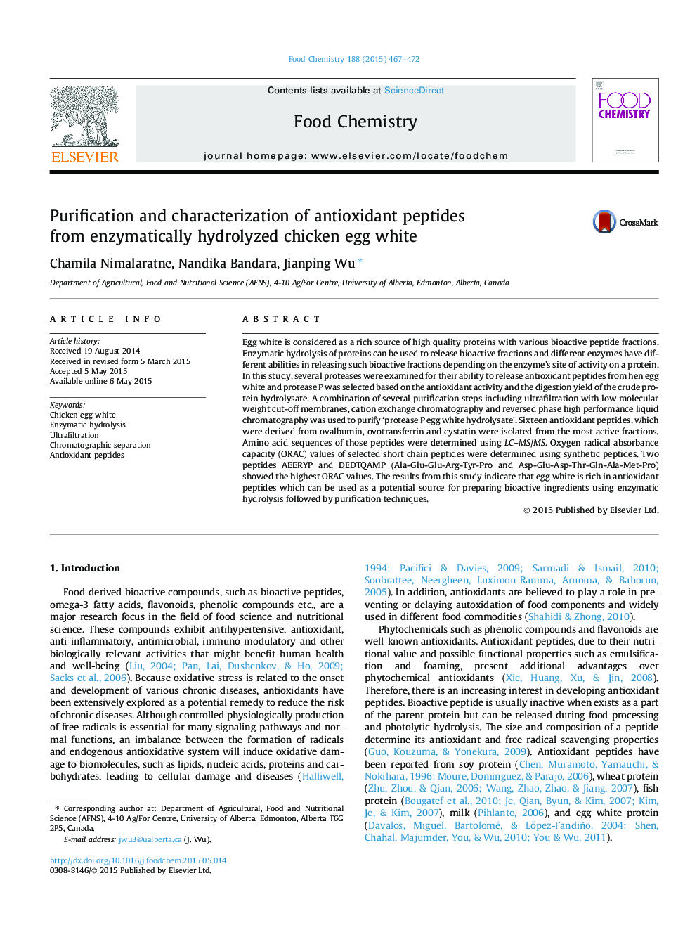خالص سازی و مشخص نمودن پپتیدهای آنتی اکسیدانی از تخم مرغ تخم مرغی هیدرولیز شده آنزیمیایی 